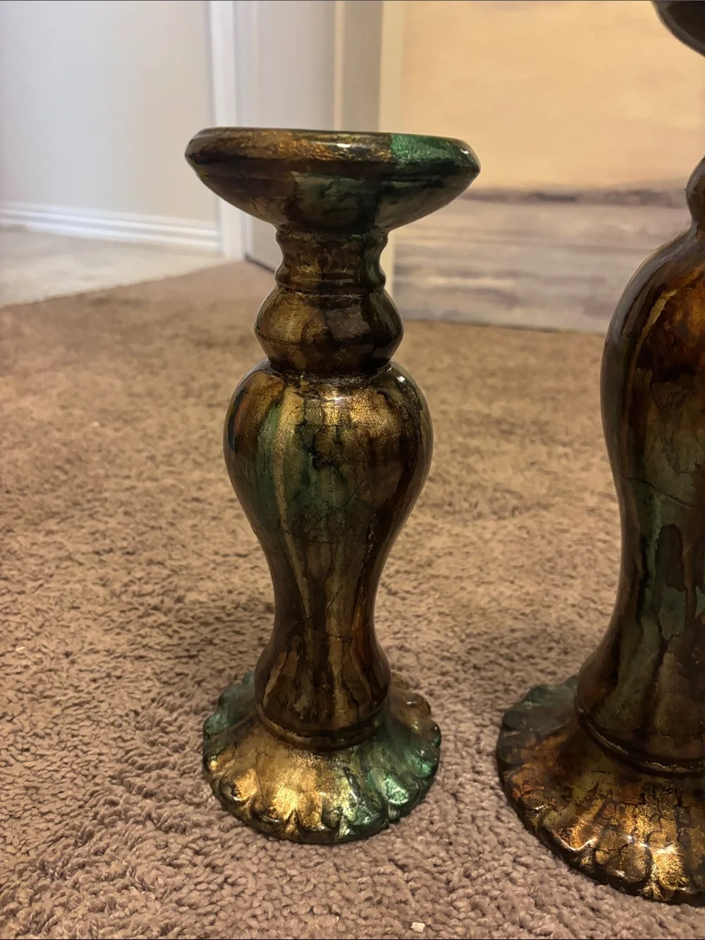 Decorative Metallic Green-Bronze Candle Holders - Set of 2